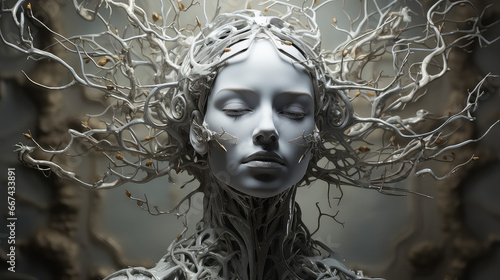 symmetrical sculpture of woman with mental chaos