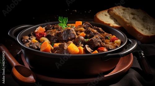 Potjiekos: South African oxtail stew featuring baby gold potatoes, carrots, and button mushrooms. photo