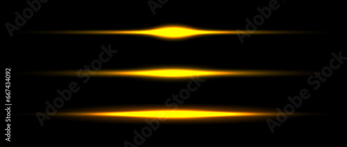 Gold neon divider lines set. Yellow glowing horizontal stripes collection. Fluorescent golden light sticks pack. Shining laser beams bundle. Vector elements for poster, banner, cover, separation