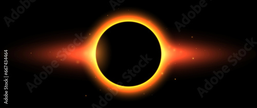 Sun full eclipse concept. Red orange solar glow background. Moon or planet total eclipse in dark space. Hot star surface flare with rays and beams effects. Vector aura illustration