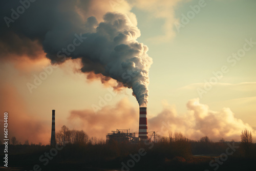 Operating factory chimneys emit smoke, resulting in environmental pollution. Air pollution. Generative AI