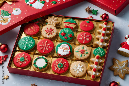 The most beautiful selection of biscuits in a wonderful gift box, Christmas special edition. Generative AI