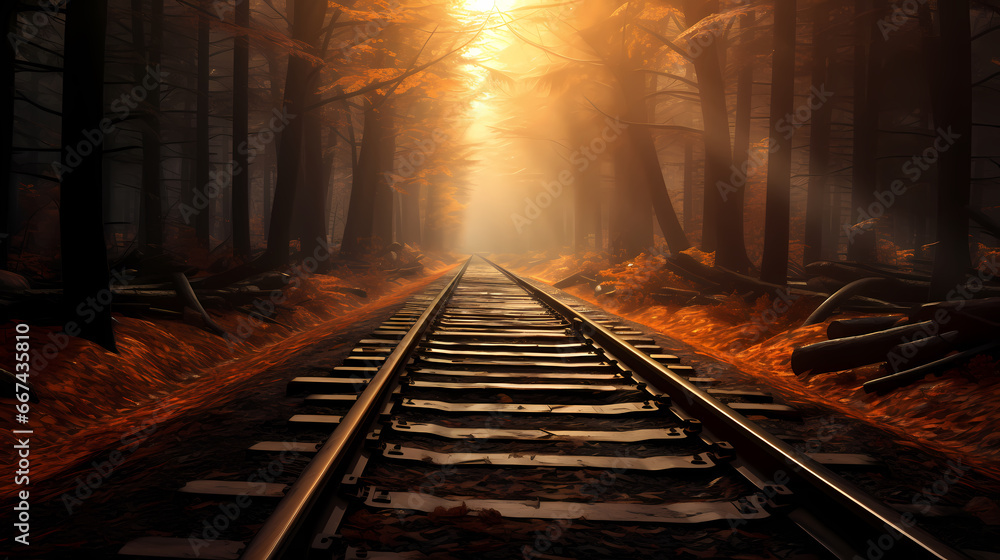 Naklejka premium Railway track background wallpaper poster PPT in the forest