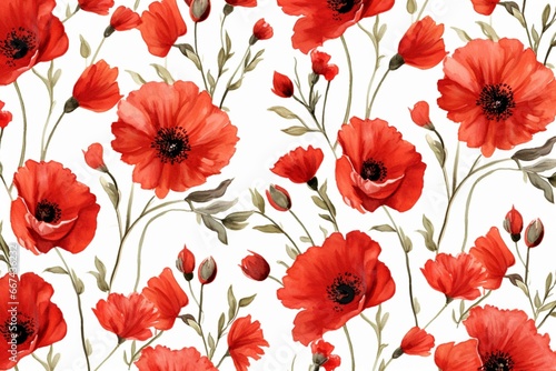 Pattern with red poppies on white background. Generative AI