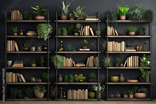 Books and House plants on the shelf  Green Elegance for Any Space  A Contemporary Bookshelf with Lush Plants  Perfect for Stylish Virtual Office or Studio Backgrounds  or Stunning Large-Format Prints 