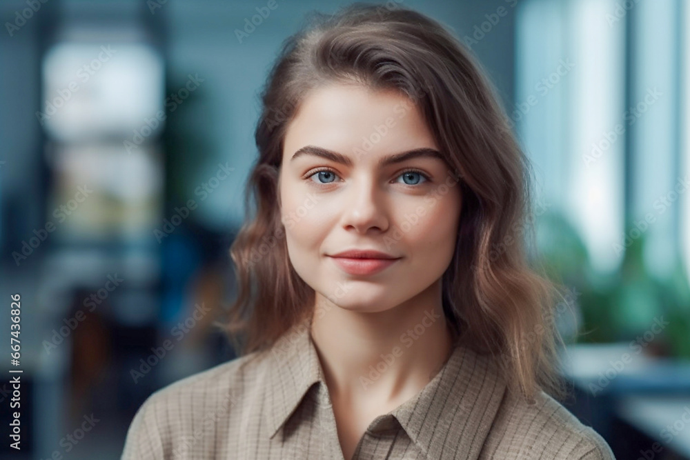 Fototapeta premium Portrait of smiling young woman in shirt against the background of the office, front view.