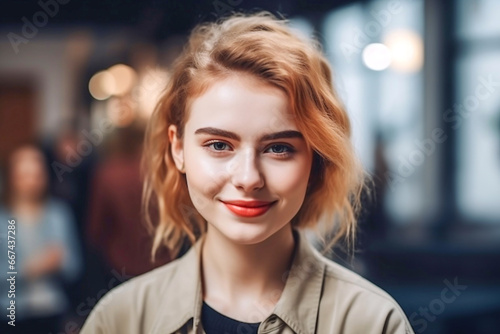 Portrait of smiling girl in shirt against the background of the office  front view.