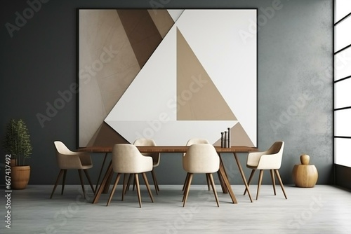 Empty poster on geometric wall in meeting hall with table, chairs, floor. 3D-rendered mock-up. Generative AI