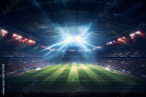 Nighttime soccer arena illuminated by light rays. Generative AI © Taha