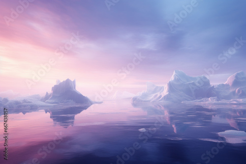 Ice floe in water at midnight sun, surrealism, wildlife photography, misty atmosphere.