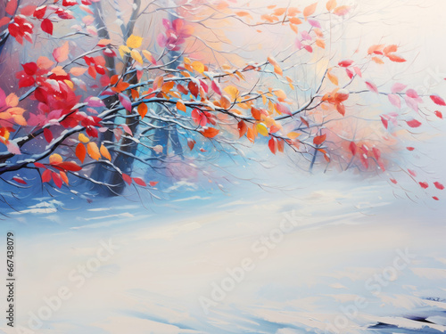 Vivid multicolored leaves on snow-covered branches, showcasing beauty and vitality in cold weather.