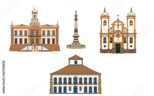 Famous Brazilian historical city' s vector set of Ouro Preto, from Minas Gerais, Brazil,this set contains two famous museums, famous obelisk and one of the famous Catholic churches .