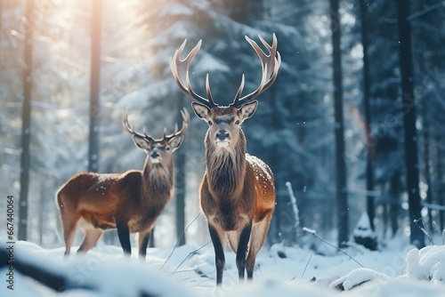 Two majestic reindeer or caribou standing together in the deep arctic winter pine forest with snowflakes. Generative AI.