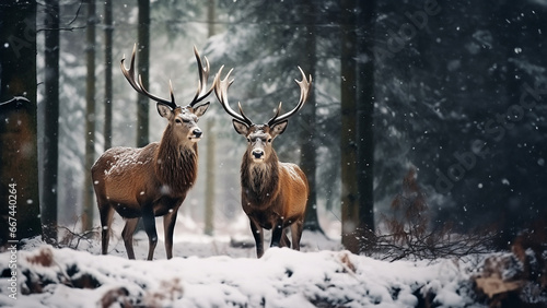 Two majestic reindeer or caribou standing together in the deep arctic winter pine forest with snowflakes. Generative AI. © Surachetsh