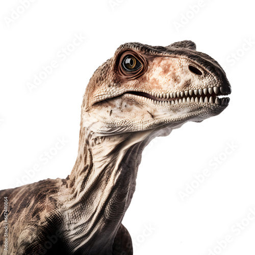 Side view  close up of portrait of velociraptor dinosaur looking forward  isolated on transparent background. 