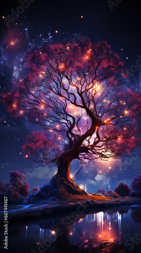 Ethereal Twilight: A Mystical Tree Under a Starry Sky,tree in the night