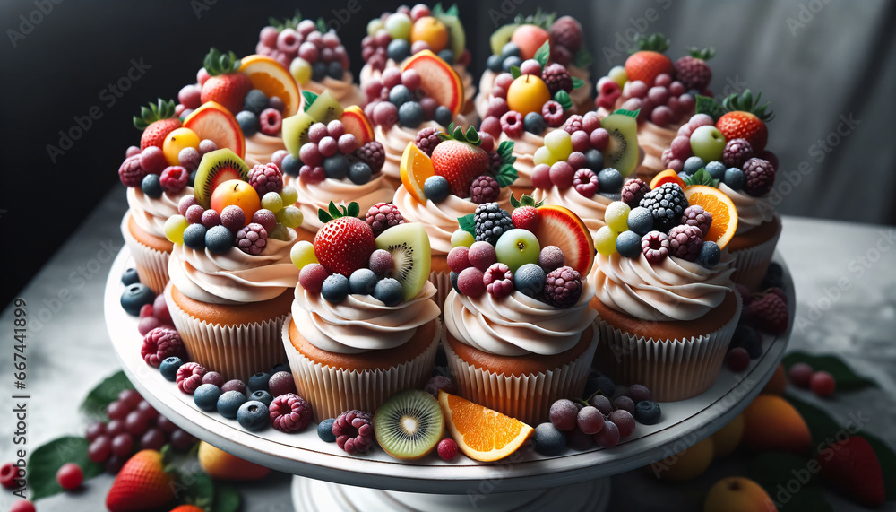 Portrait of a platter filled with cupcakes, their frosting swirled perfectly, crowned with an array of fresh fruits