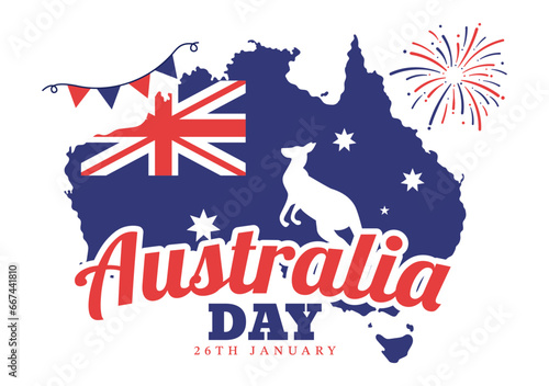 Happy Australia Day Vector Illustration on 26 January with Map and Australian Flag for Banner or Poster in Flat Cartoon Background Design photo