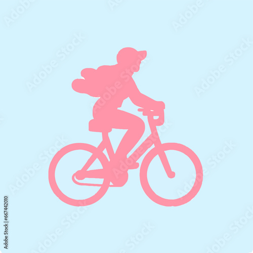 Pink cyclist silhouette on light blue background. Person riding bike, wind in hair, symbol of movement and outdoor joy.
