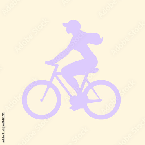 Purple cyclist silhouette on cream background. Woman cycling, flowing hair, showcasing activity and fresh air fun.