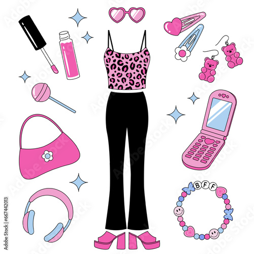 a set of Y2K or 90s style cute clothes and accessories for banners, cards, flyers, social media wallpapers, etc.