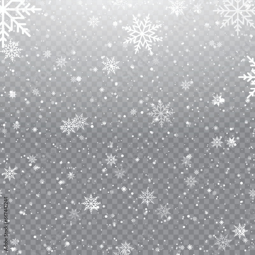Xmas and New Year pattern with falling snowflakes on transparent background. Vector