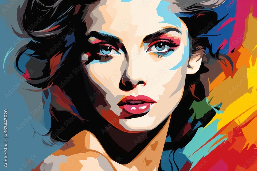 Obraz premium Beautiful female retro fashion model pop art, realistic illustration on a vibrant colourful background. Fashion Poster Girl