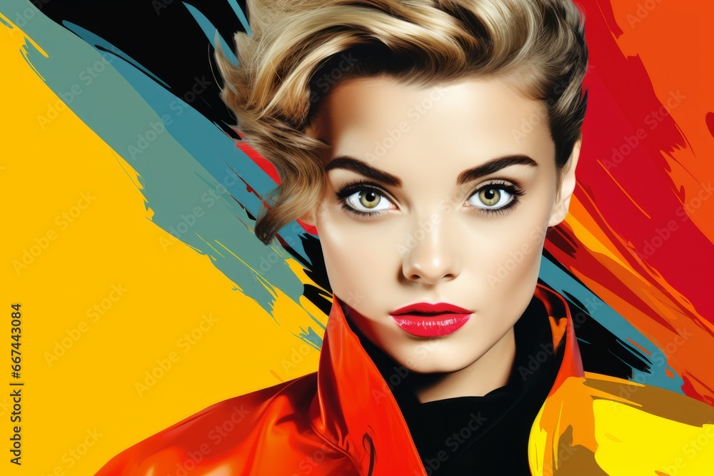 Obraz premium Beautiful female retro fashion model pop art, realistic illustration on a vibrant colourful background. Fashion Poster Girl