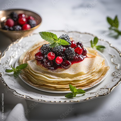pie with berries,Decadent Pancake Stack with Berries and Syrup