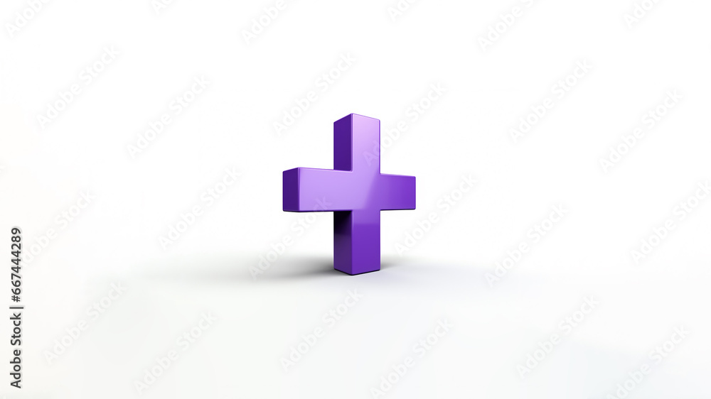 Obraz premium The model of light purple shiny cross or plus symbol isolated on the simple bright solid background. Generative AI.