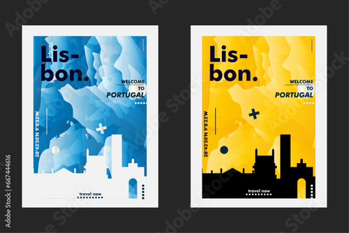 Portugal Lisbon city poster pack with abstract skyline, cityscape, landmark and attraction. Travel vector illustration layout set for vertical brochure, website, flyer, presentation
