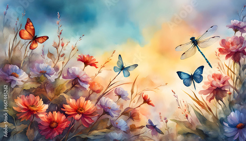 watercolor llustration of a landscape of blossoms, flower, branches, dragonflies and butterflies with a sky background photo