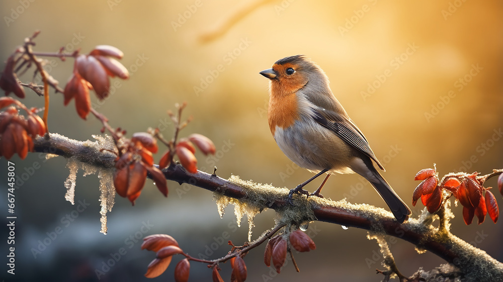 Fototapeta premium small abstract bird on a branch, winter greeting card greeting background wildlife copy space