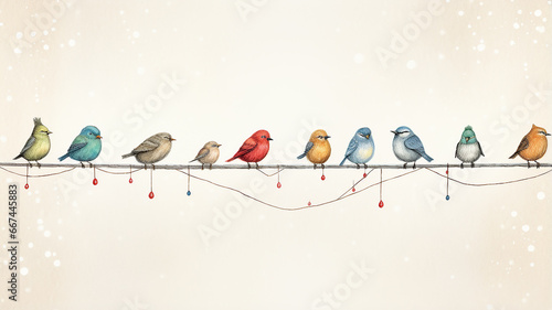 winter postcard, a row of colorful little birds in a snowfall on a branch, snow weather nature