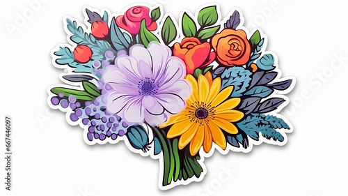 flat graphics sticker bouquet of multicolored flowers isolated cut out on the background