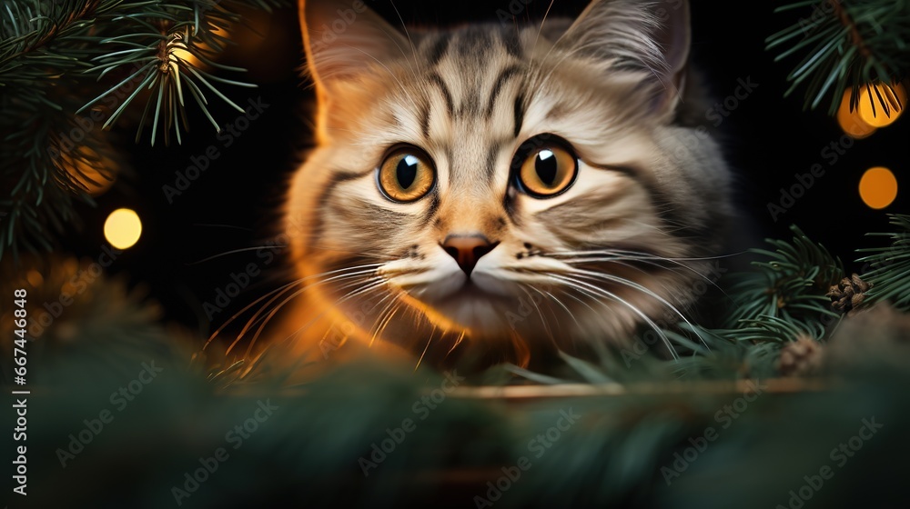 Cute little plush kitten sits under a green Christmas fir tree with Christmas lights. New year mood card Cute little plush kitten sits under a green Christmas fir tree with Christmas lights. New year mood card