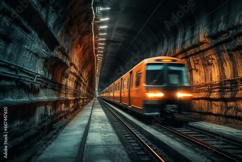 Rapid train speeding through a dark subway. Generative AI