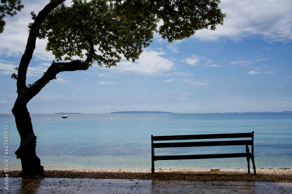 Baum und Bank als Silhouette vor turkisfarbenem Mittelmeer am Strand von Dugi Otok, Kroatien
