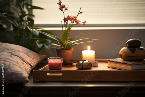 The view of lit aromatic scented candles placed on the bedside table to create relax atmosphere in a bedroom for resting and sleeping. Generative AI.