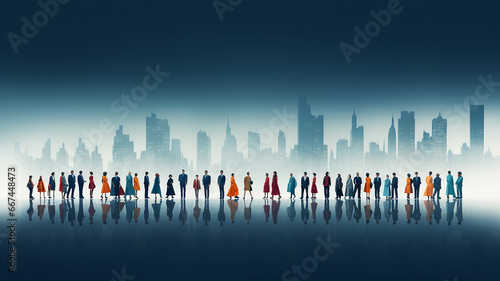 a number of silhouettes of people, a line of society isolated against the background of the urban city symbol © kichigin19