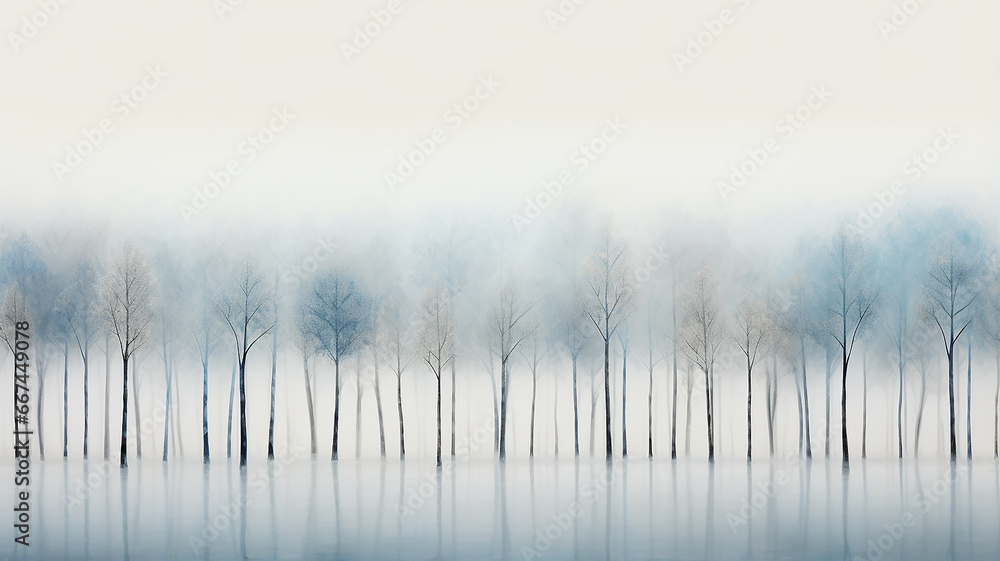 light white blue fog, a row of trees. watercolor abstract background late autumn, symbol landscape view cold light November, copy space blank blank - obrazy, fototapety, plakaty 