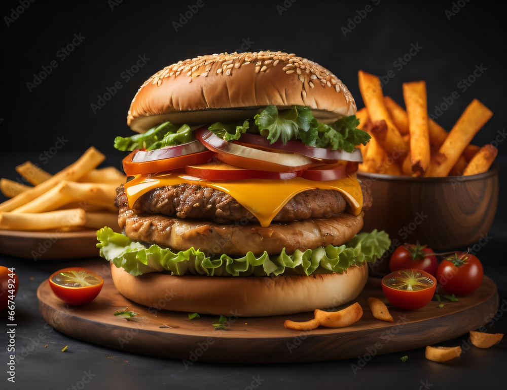 The fresh and delicious cheeseburger with fries on a dark black background. The fresh and delicious cheeseburger with fries on a dark black background.