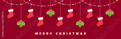 Merry Christmas Border Banner, Hanging Santa Stocking and Mistletoe Garland. Winter Holiday Season Header Decoration. Web Banner Template. Vector illustration.