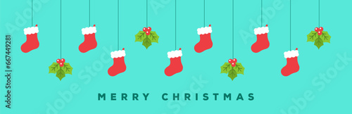 Merry Christmas Border Banner, Hanging Santa Stocking and Mistletoe Garland. Winter Holiday Season Header Decoration. Web Banner Template. Vector illustration.