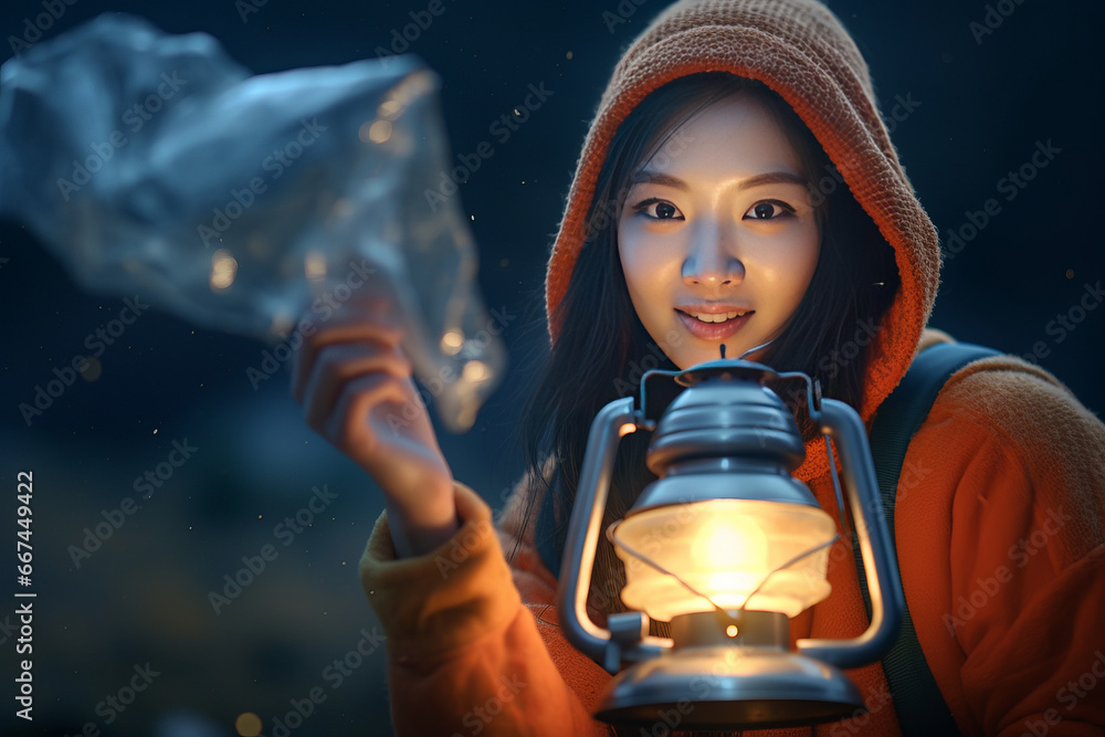 cute asian woman outdoors campfire at night.
