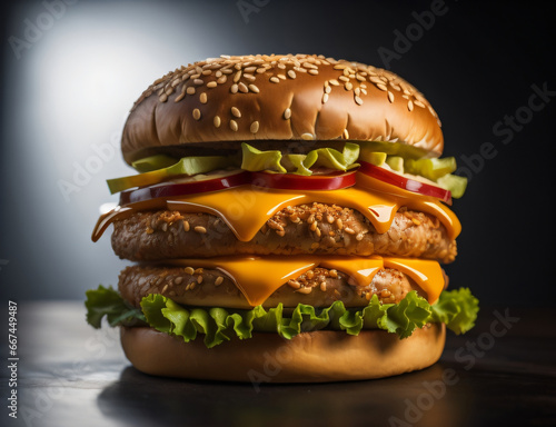 The fresh and delicious cheeseburger with fries on a dark black background. photo