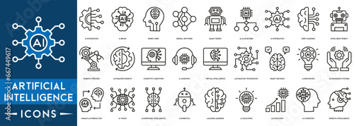 Artificial Intelligence line icons set. AI icons includes machine learning, AI Assistant, Virtual Intelligence, Automation Technology, AI technology, future, robots.