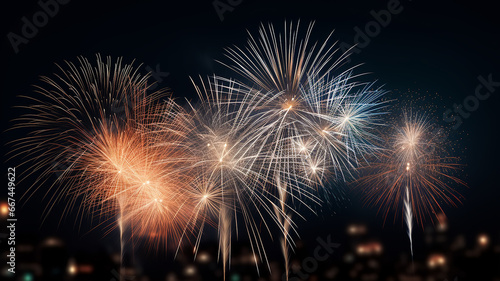 Golden fireworks isolated layer on black background, night festive view abstract