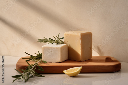 Still life, health care, cosmetics concept. Natural soap bricks or bars placed on table in minimalist background. Soft brown and beige colors. Generative AI