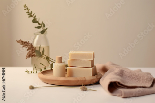 Still life, health care, cosmetics concept. Natural soap bricks or bars placed on table in minimalist background. Soft brown and beige colors. Generative AI